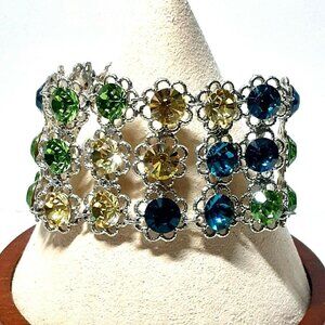 Bracelet Austrian Crystal USA Multicolor Rhinestones Flowers Silver-Tone Signed